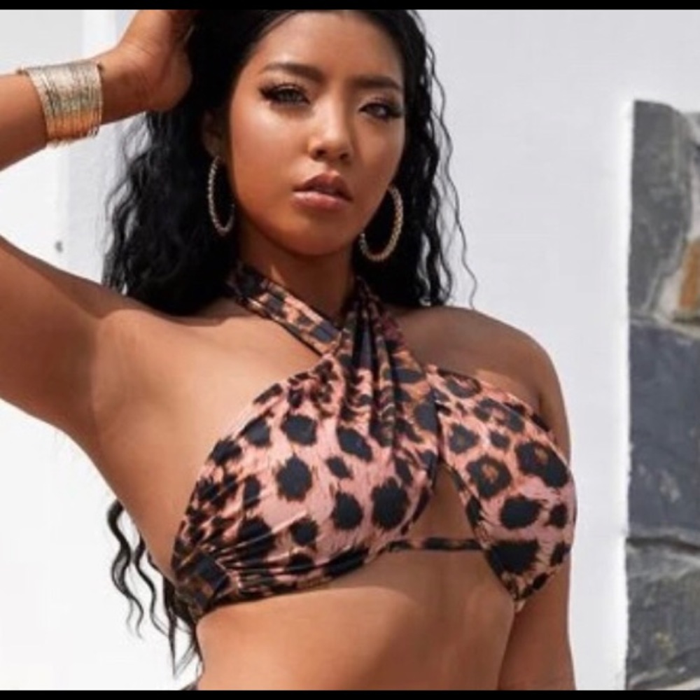 Plus leopard criss cross bikini top and bottom